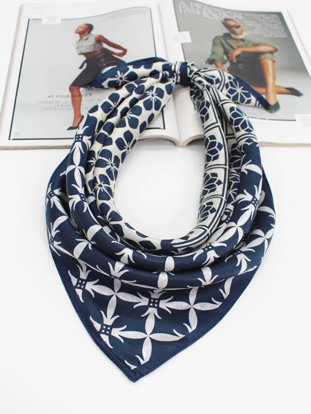 Women's Nvay Blue Cream White Scarf for Hair Digital Printed Headscarf Silk - Picture 2 of 3